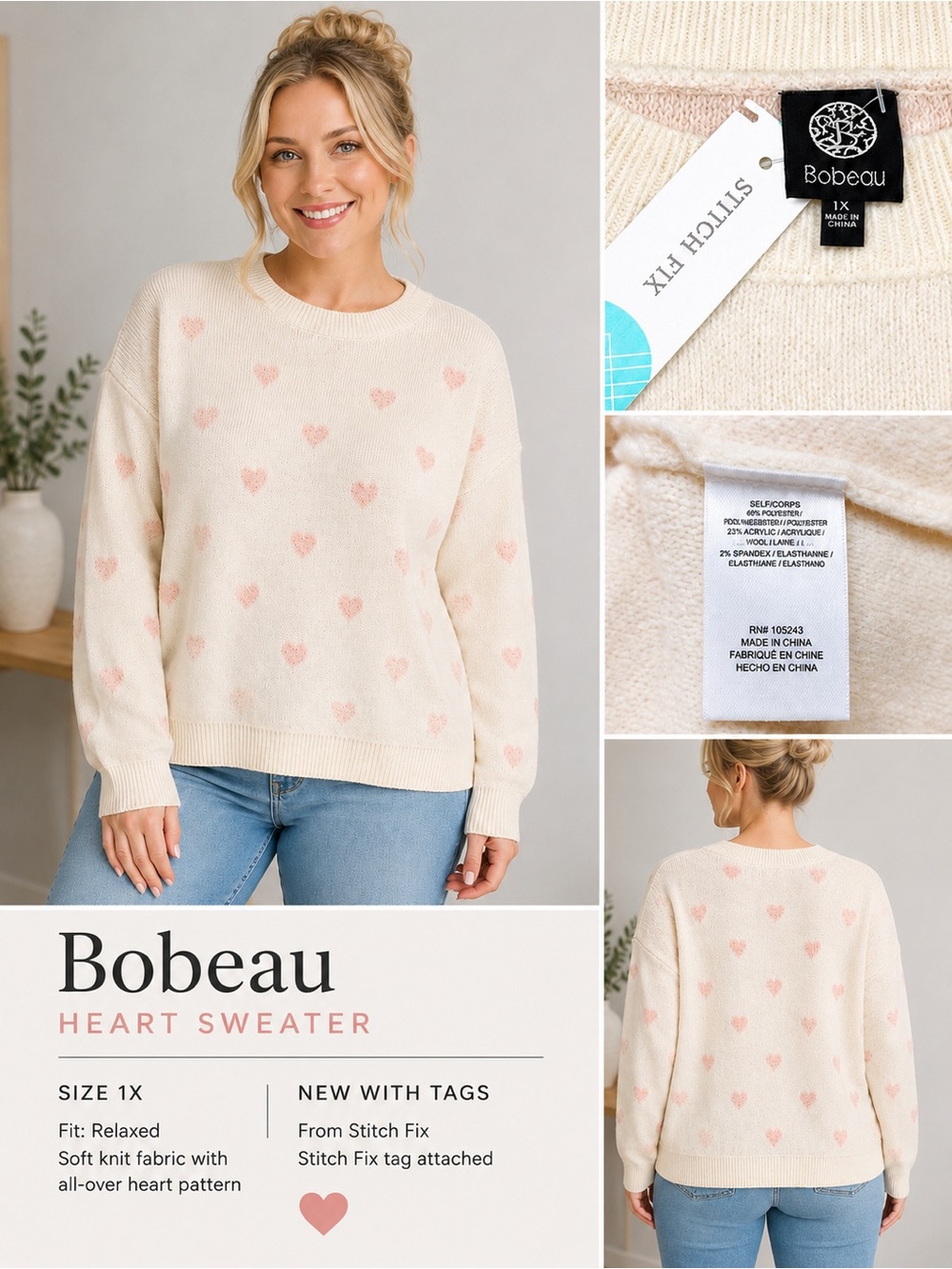Bobeau Cream Pink Heart Sweater 1X NWT Stitch Fix Soft Fuzzy Knit Cozy Pullover